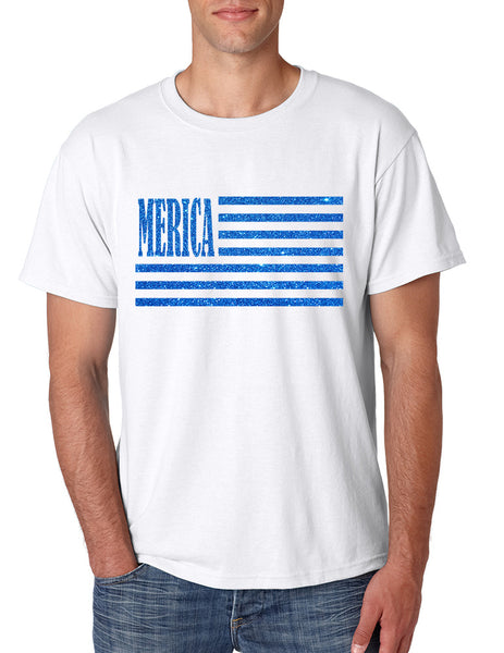 Men's T Shirt Merica Glitter Blue Flag 4th Of July Tee