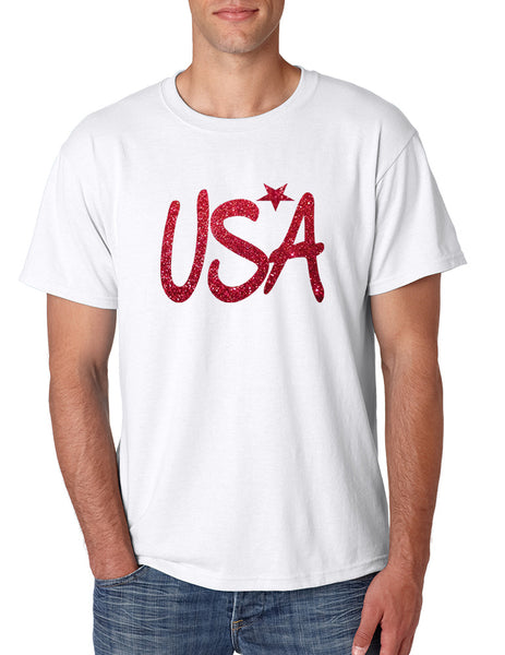 Men's T Shirt USA Red Glitter Love America 4th Of July Shirt