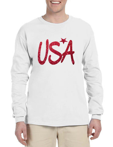 Men's Long Sleeve USA Red Glitter Love America 4th Of July