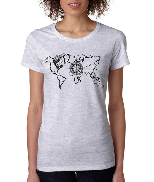 Women's T Shirt World Map Compass Cool Graphic Tee - ALLNTRENDSHOP - 3