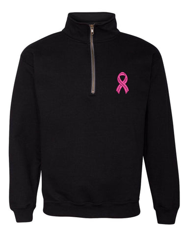 Adult Zip Collar Sweatshirt Pink Ribbon Embroidered Breast Cancer Top