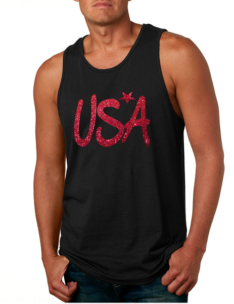 Men's Tank Top USA Red Glitter Love America 4th Of July Top