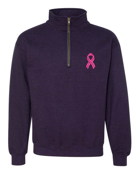 Adult Zip Collar Sweatshirt Pink Ribbon Embroidered Breast Cancer Top