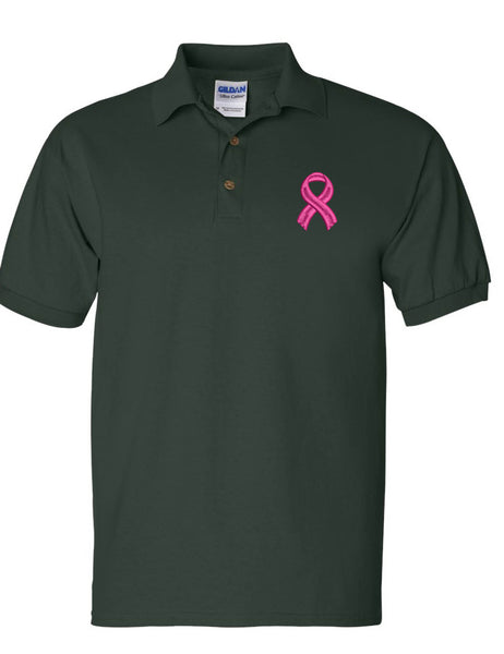 Men's Polo T Shirt Pink Ribbon Breast Cancer Support Embroidery Tee