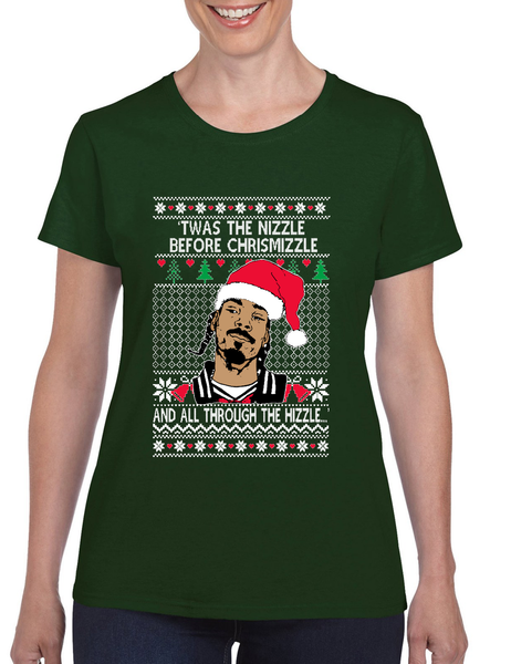 Women's T Shirt Ugly Christmas Snoop TWAS The Nizzle Before Chrismizz