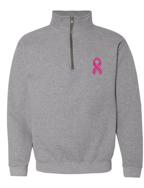 Adult Zip Collar Sweatshirt Pink Ribbon Embroidered Breast Cancer Top