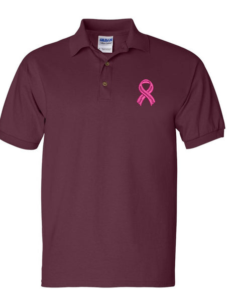 Men's Polo T Shirt Pink Ribbon Breast Cancer Support Embroidery Tee