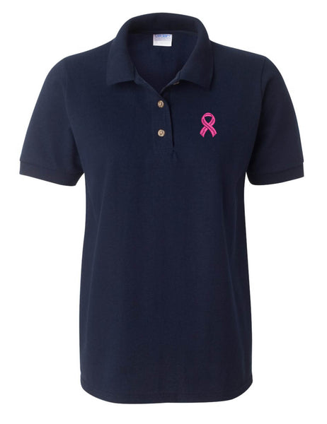 Women's Polo T Shirt Pink Ribbon Breast Cancer Support Embroidered