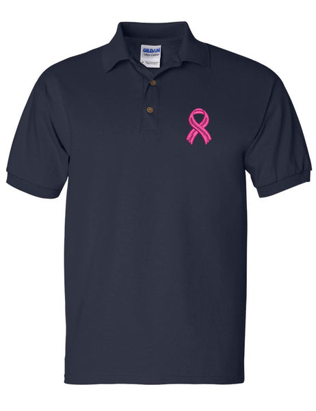 Men's Polo T Shirt Pink Ribbon Breast Cancer Support Embroidery Tee