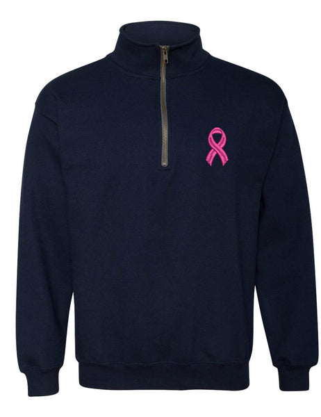 Adult Zip Collar Sweatshirt Pink Ribbon Embroidered Breast Cancer Top