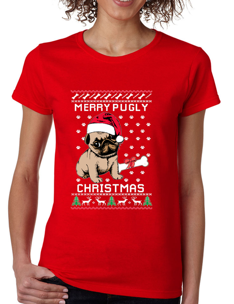 Merry Pugly Christmas Women's T Shirt Ugly Christmas Dog Tee
