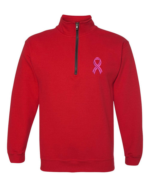 Adult Zip Collar Sweatshirt Pink Ribbon Embroidered Breast Cancer Top
