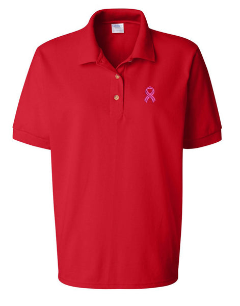 Women's Polo T Shirt Pink Ribbon Breast Cancer Support Embroidered
