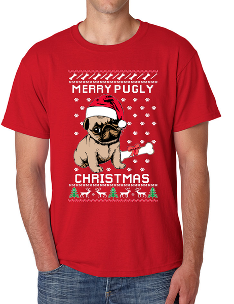 Merry Pugly Christmas Men's T Shirt Pug Ugly Xmas Shirt Dogs Love
