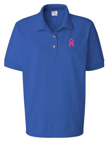 Women's Polo T Shirt Pink Ribbon Breast Cancer Support Embroidered