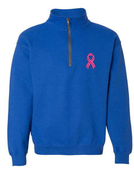 Adult Zip Collar Sweatshirt Pink Ribbon Embroidered Breast Cancer Top