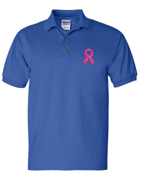 Men's Polo T Shirt Pink Ribbon Breast Cancer Support Embroidery Tee