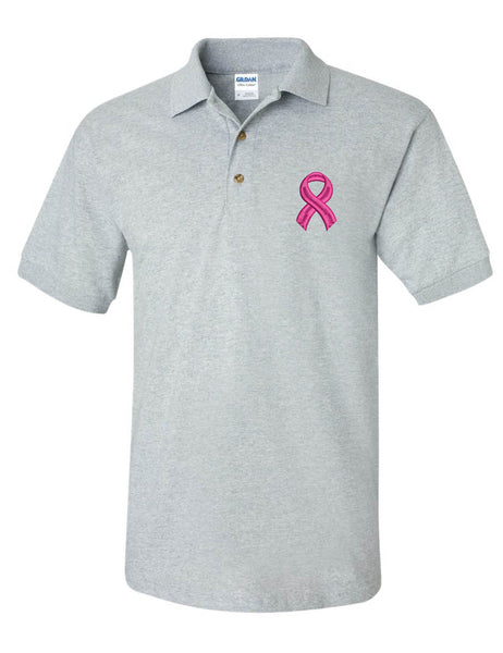 Men's Polo T Shirt Pink Ribbon Breast Cancer Support Embroidery Tee