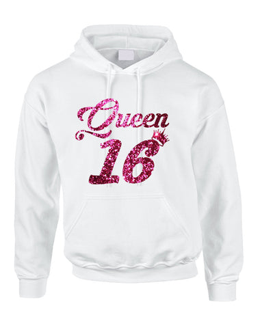 Adult Hoodie Queen 16 Glitter Pink Sweet Sixteen Party Top