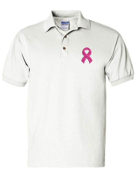 Men's Polo T Shirt Pink Ribbon Breast Cancer Support Embroidery Tee