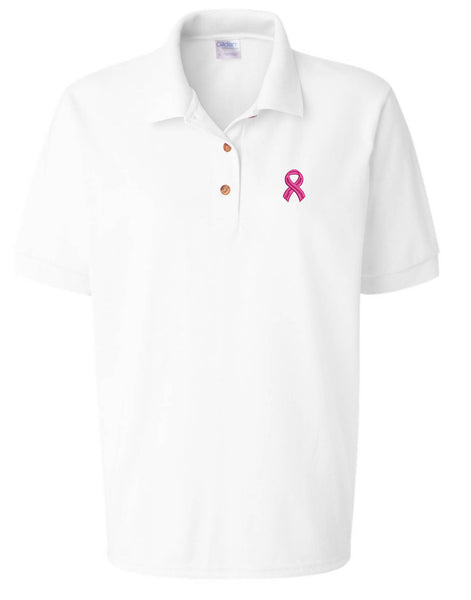 Women's Polo T Shirt Pink Ribbon Breast Cancer Support Embroidered