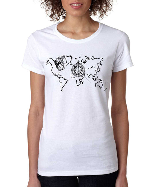 Women's T Shirt World Map Compass Cool Graphic Tee - ALLNTRENDSHOP - 6